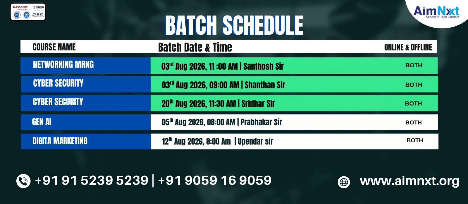 AimNxt August 2026 Batch Schedule
