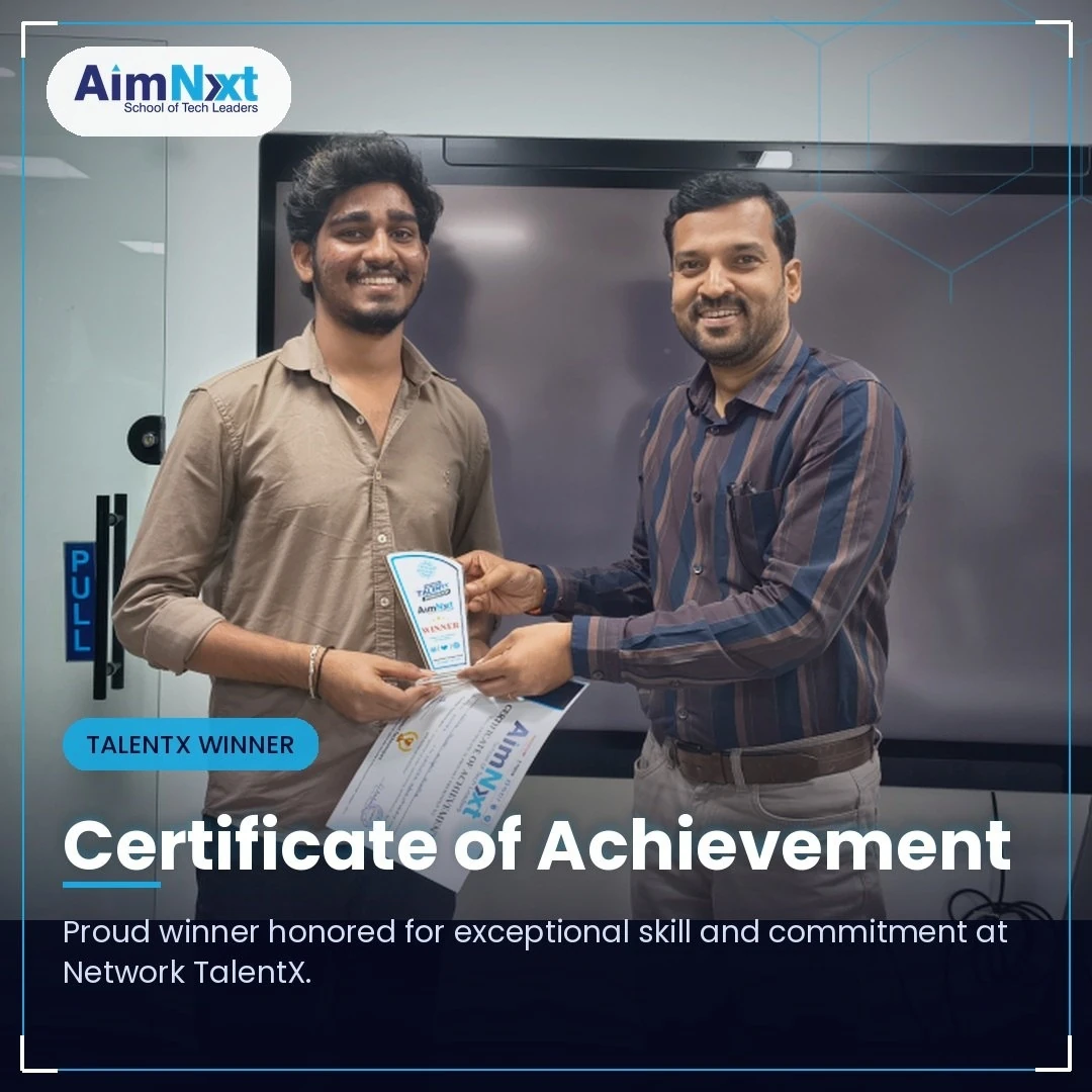 Network TalentX Winner 2 receiving a certificate of achievement at AimNxt