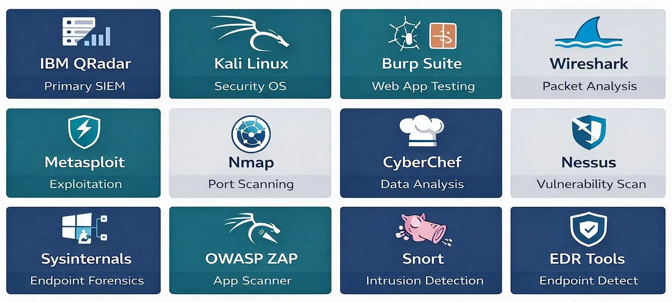 cyber security tools covered at AimNxt Hyderabad - IBM QRadar Kali Linux Burp Suite Wireshark