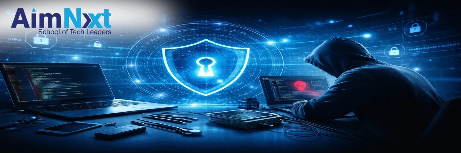 Penetration testing course - student on Kali Linux in a cybersecurity lab