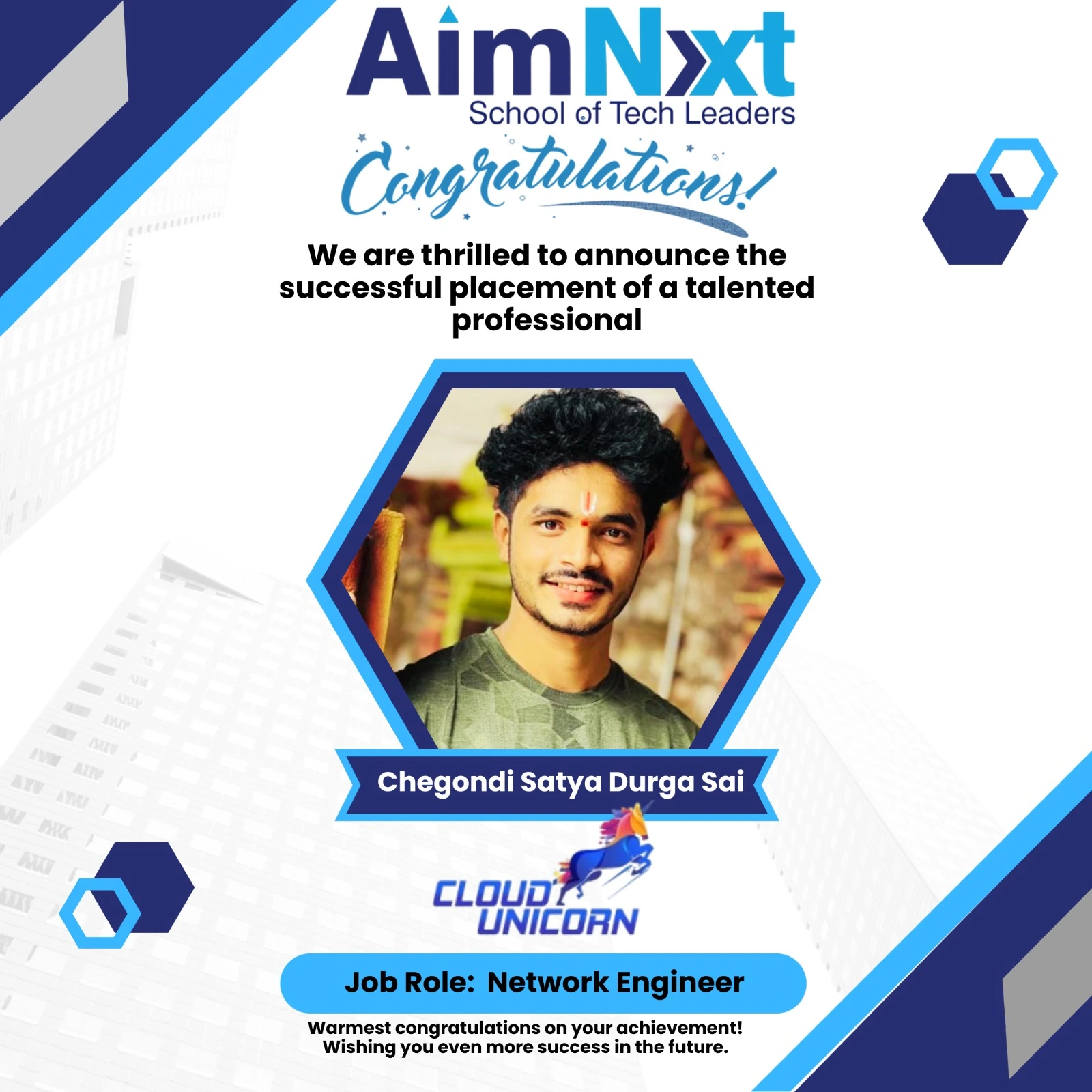 AimNxt student Chegondi Satya Durga Sai placed as Network Engineer at Cloud Unicorn