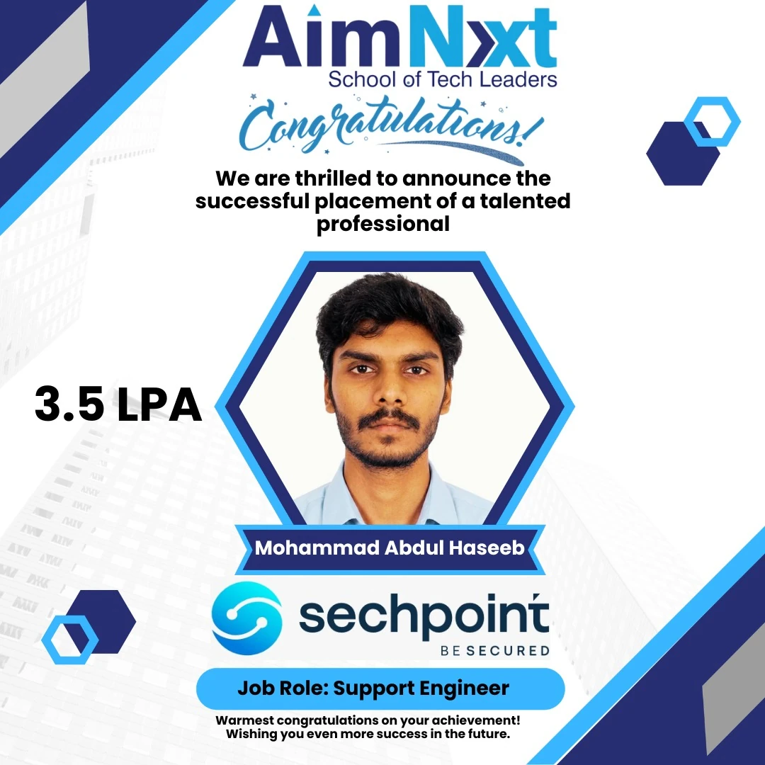 AimNxt placement achievement of Mohammad Abdul Haseeb as Support Engineer at SecPoint with 3.5 LPA package